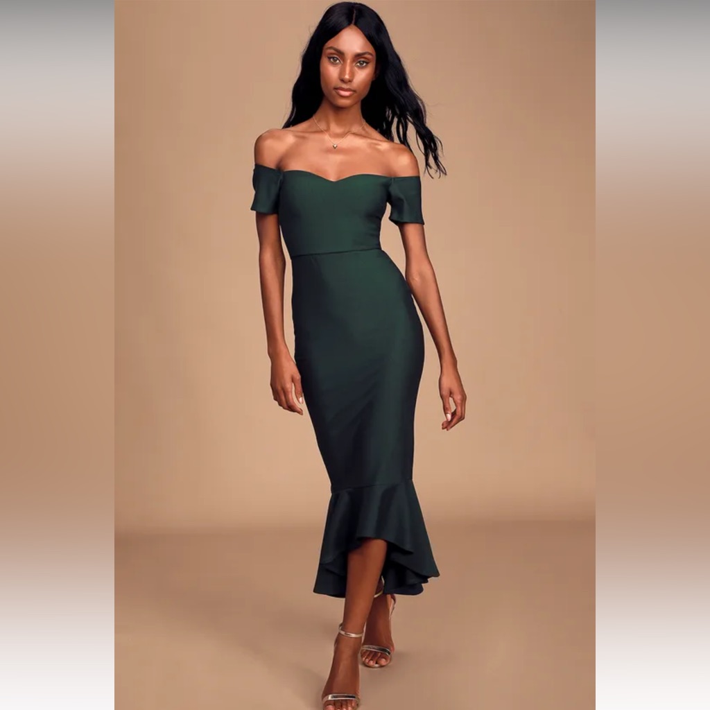 Lulu’s How Much I Care Dark Green Off-The-Shoulder Midi Dress Small Dark Green
